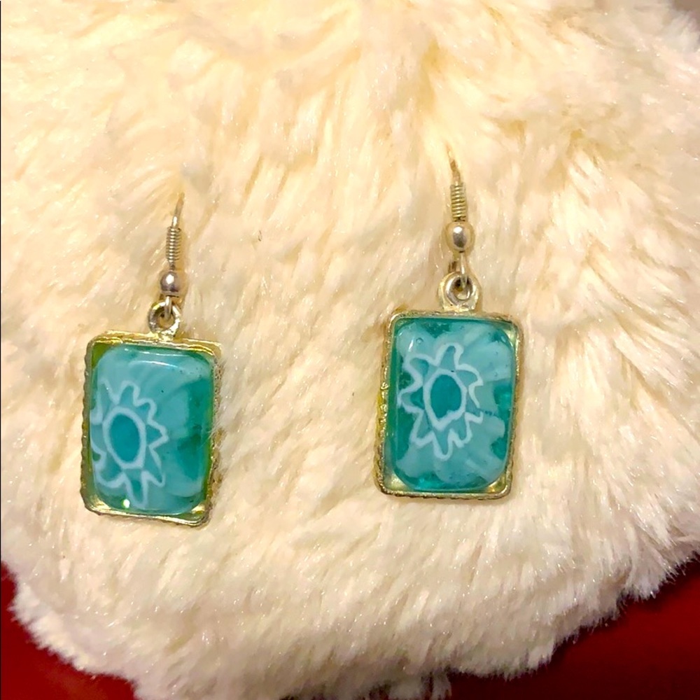 Earrings,rectangular shaped blue flower centre